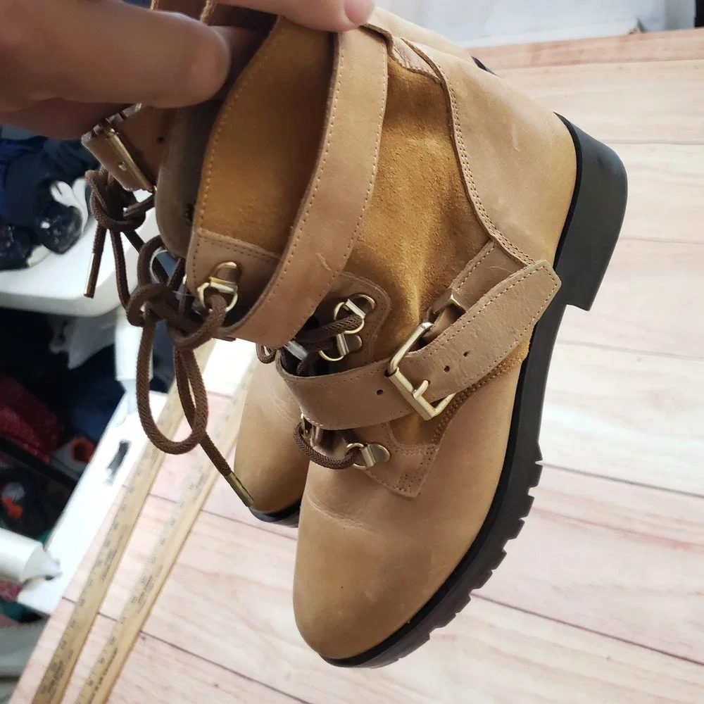 Free People Boots Womens 37 Tan Leather Suede Lace Up Buckle Ankle Combat Bootie